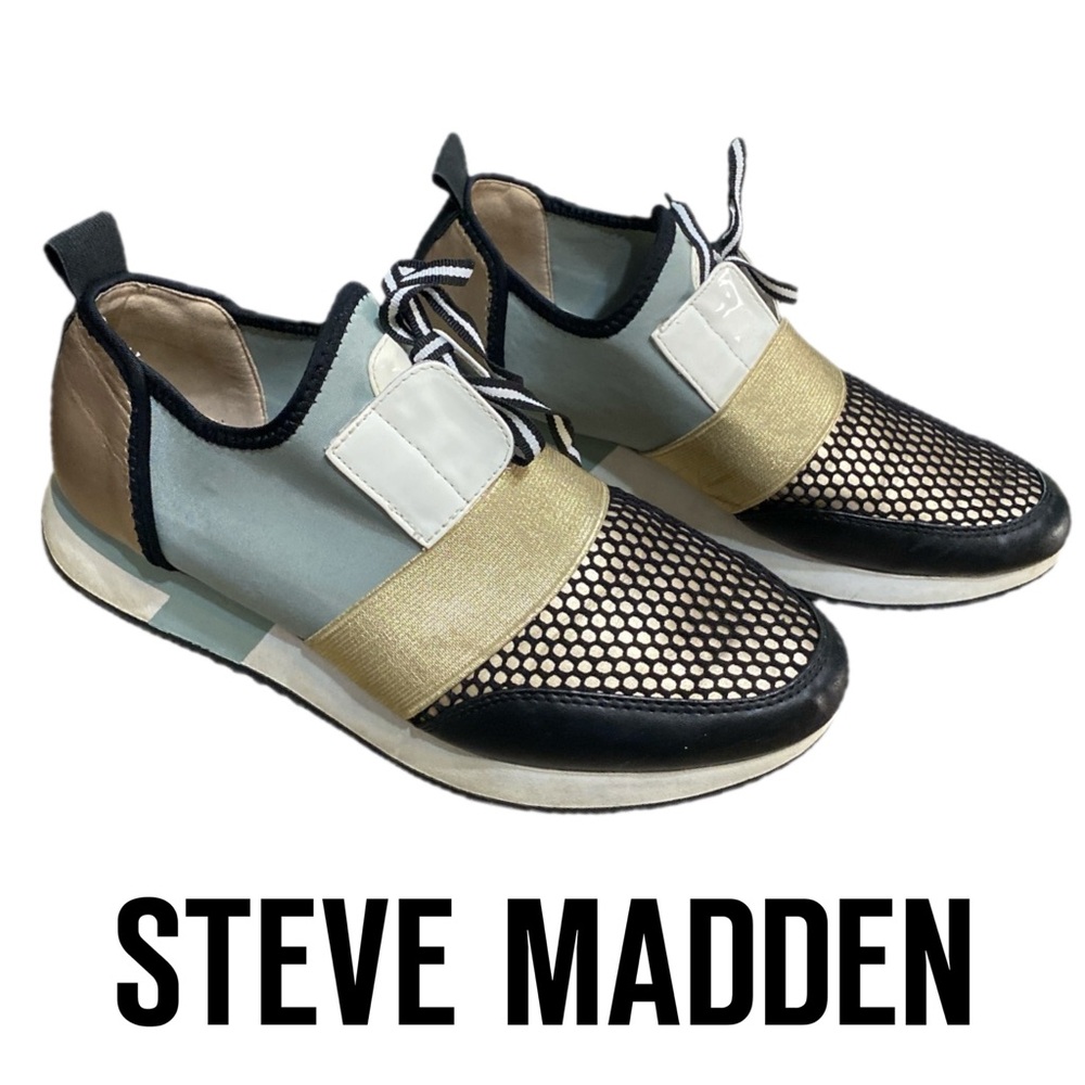 STEVE MADDEN Antic Green/Black/Gold Metallic Slip-On Lace Up Sneakers Women’s 9